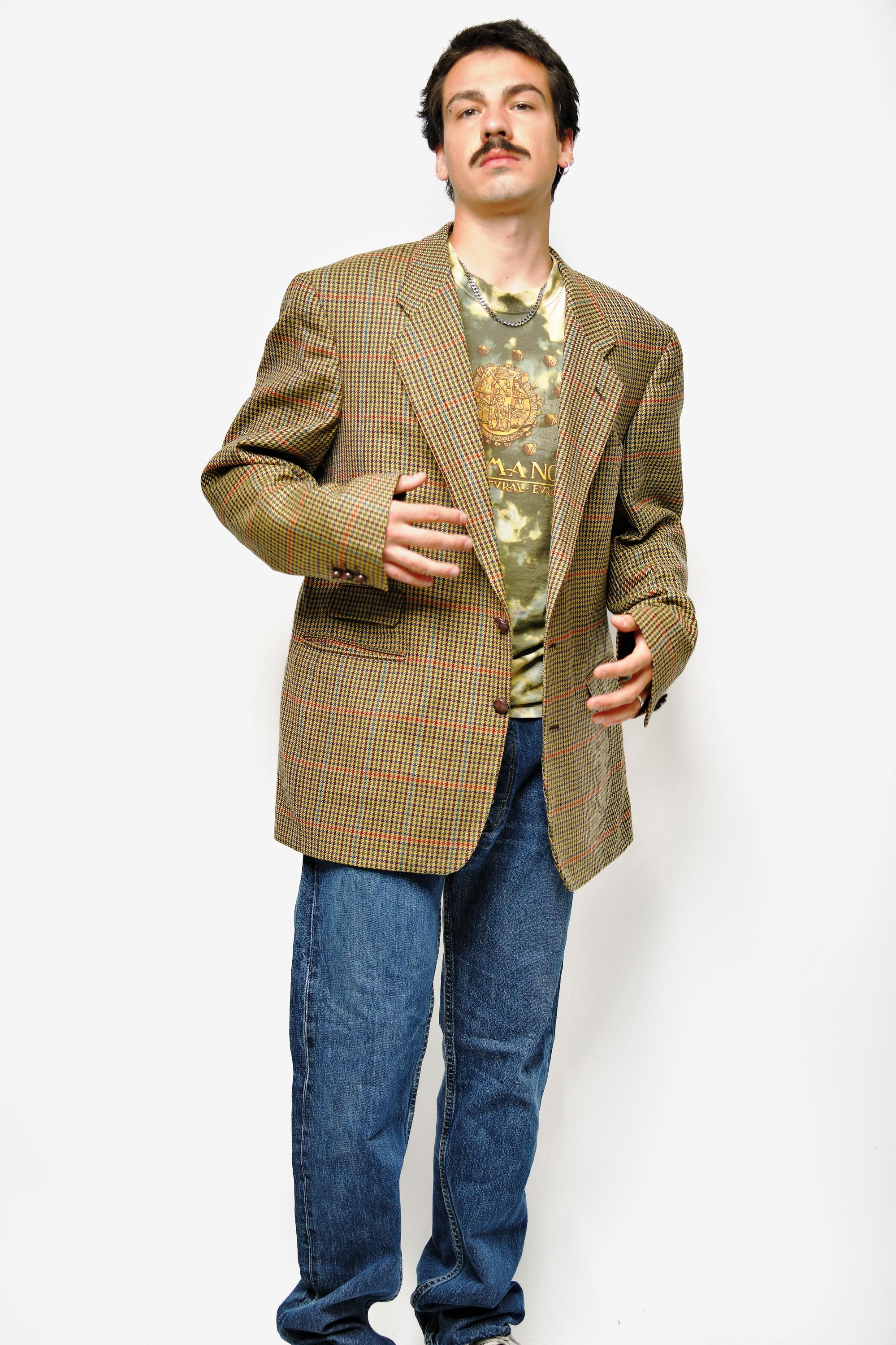 90s Vintage Houndstooth Men's Blazer Brown Beige Multi