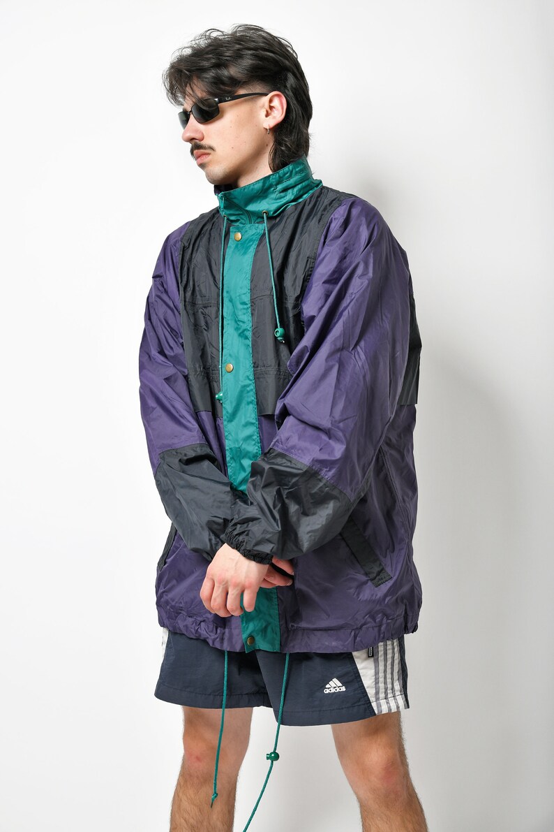 Vintage lightweight windbreaker green purple men Retro 80s hooded light jacket 90s festival rave fall shell wind rain coat Large size image 2