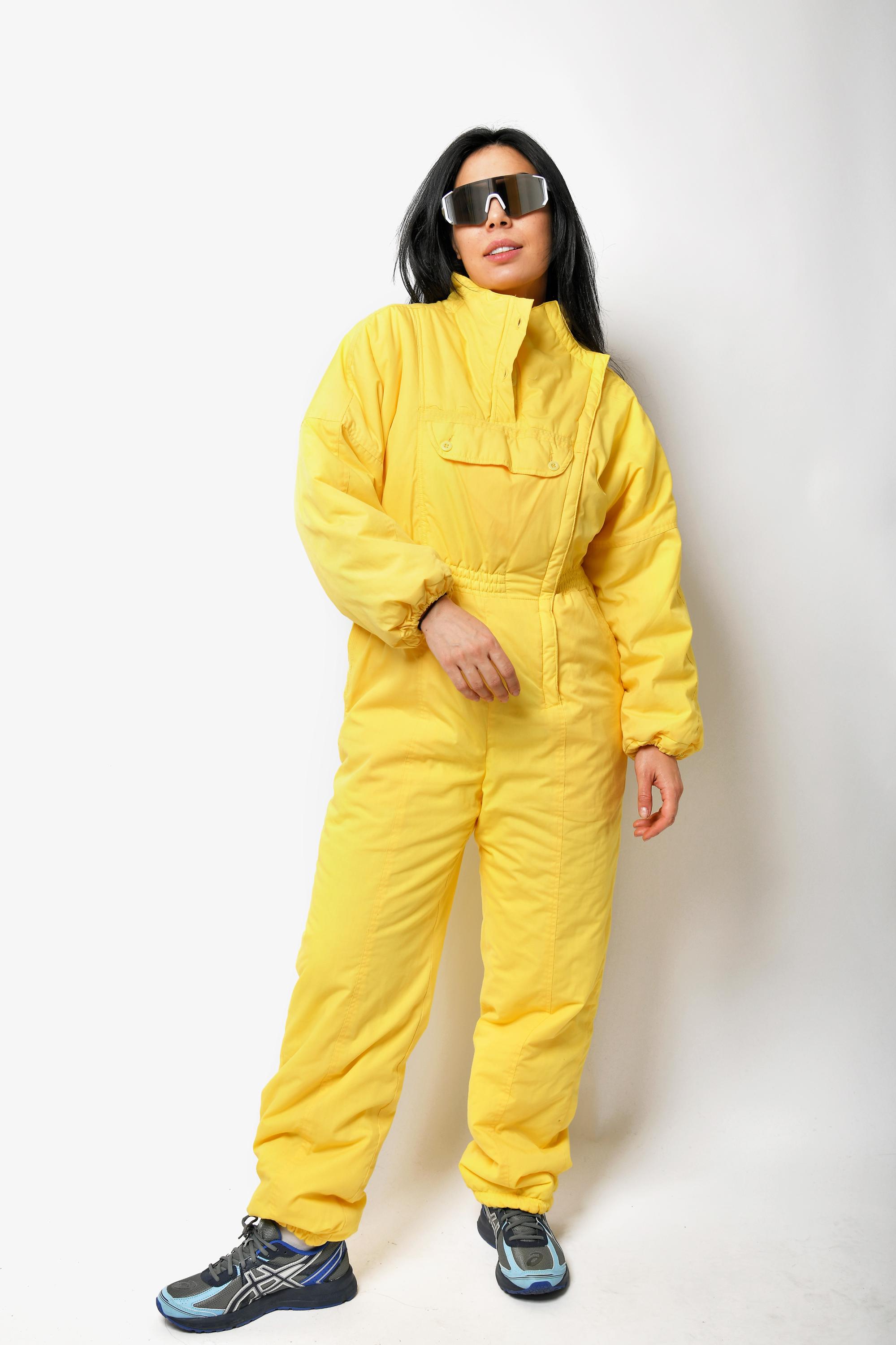 80s Vintage Ski Suit for Women Yellow | Retro Winter Warm Skiing