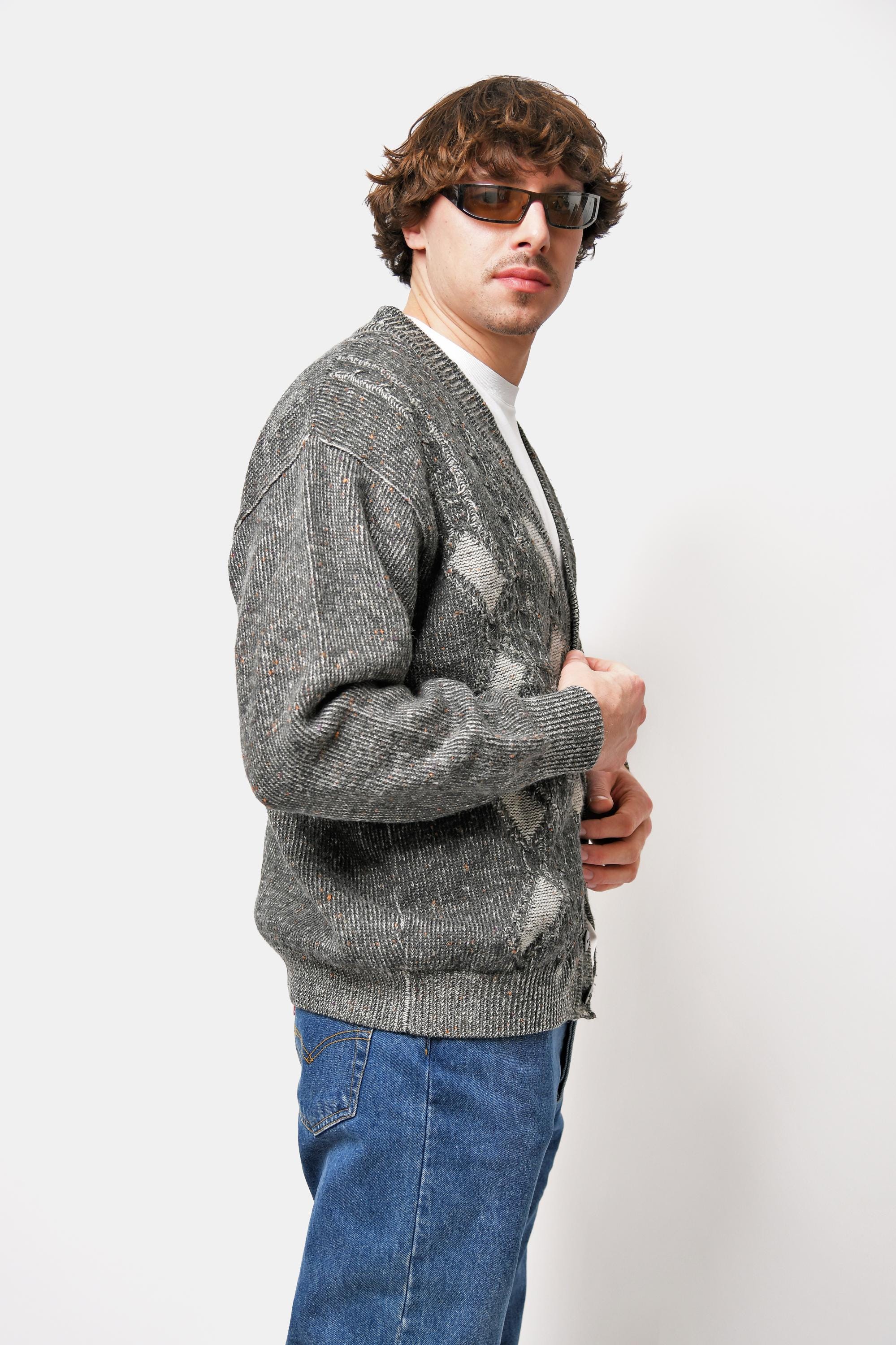 Cardigan Vintage Sweater Mens Grey Semi Wool | 80s 90s Boho Knit