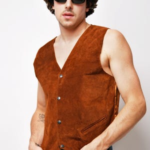 Vintage western mens suede leather gilet brown | Retro cowboy sleeveless jacket vest | Real genuine leather boho hipster waistcoat | Large L
