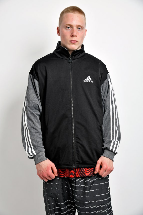 Vintage Adidas Sport Jacket Black Grey Colour Men's 00s Y2K Retro