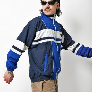 Mens vintage jacket blue white Lightweight windbreaker shell sport jacket 90s Y2K tracksuit top trainer track jacket for men Medium M image 6