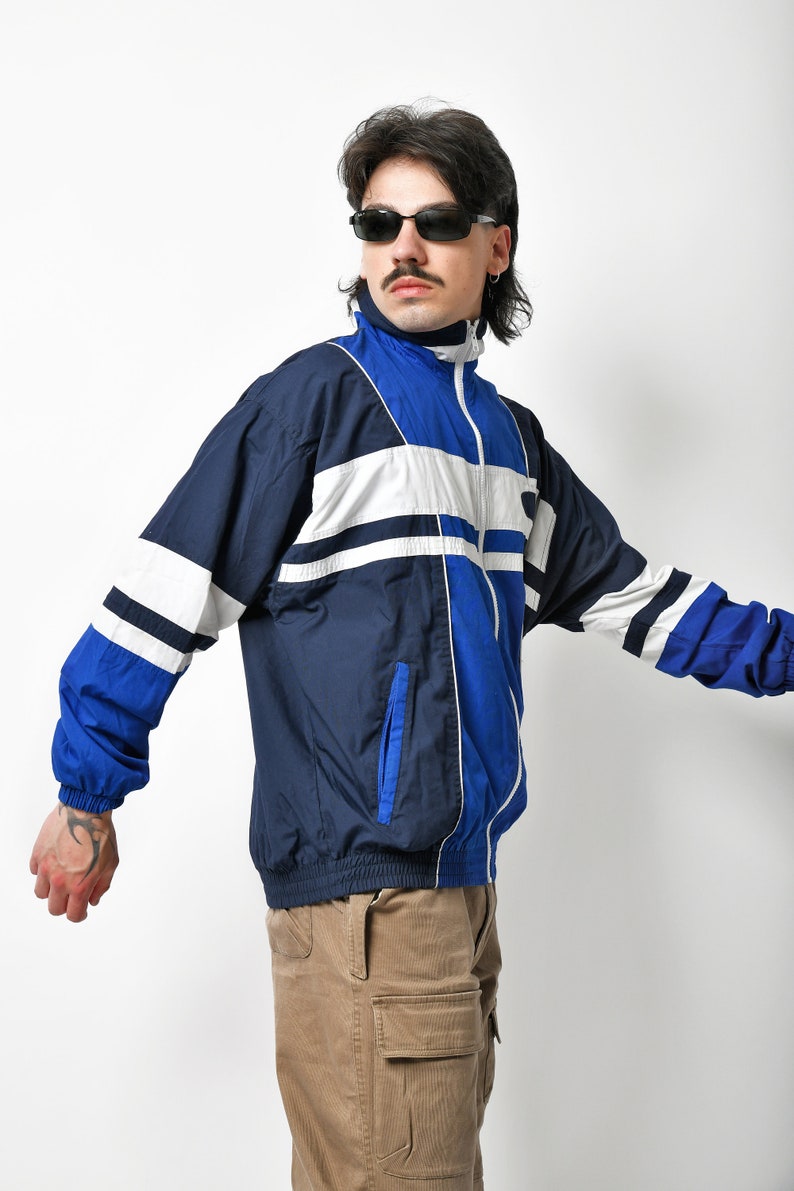 Mens vintage jacket blue white Lightweight windbreaker shell sport jacket 90s Y2K tracksuit top trainer track jacket for men Medium M image 6