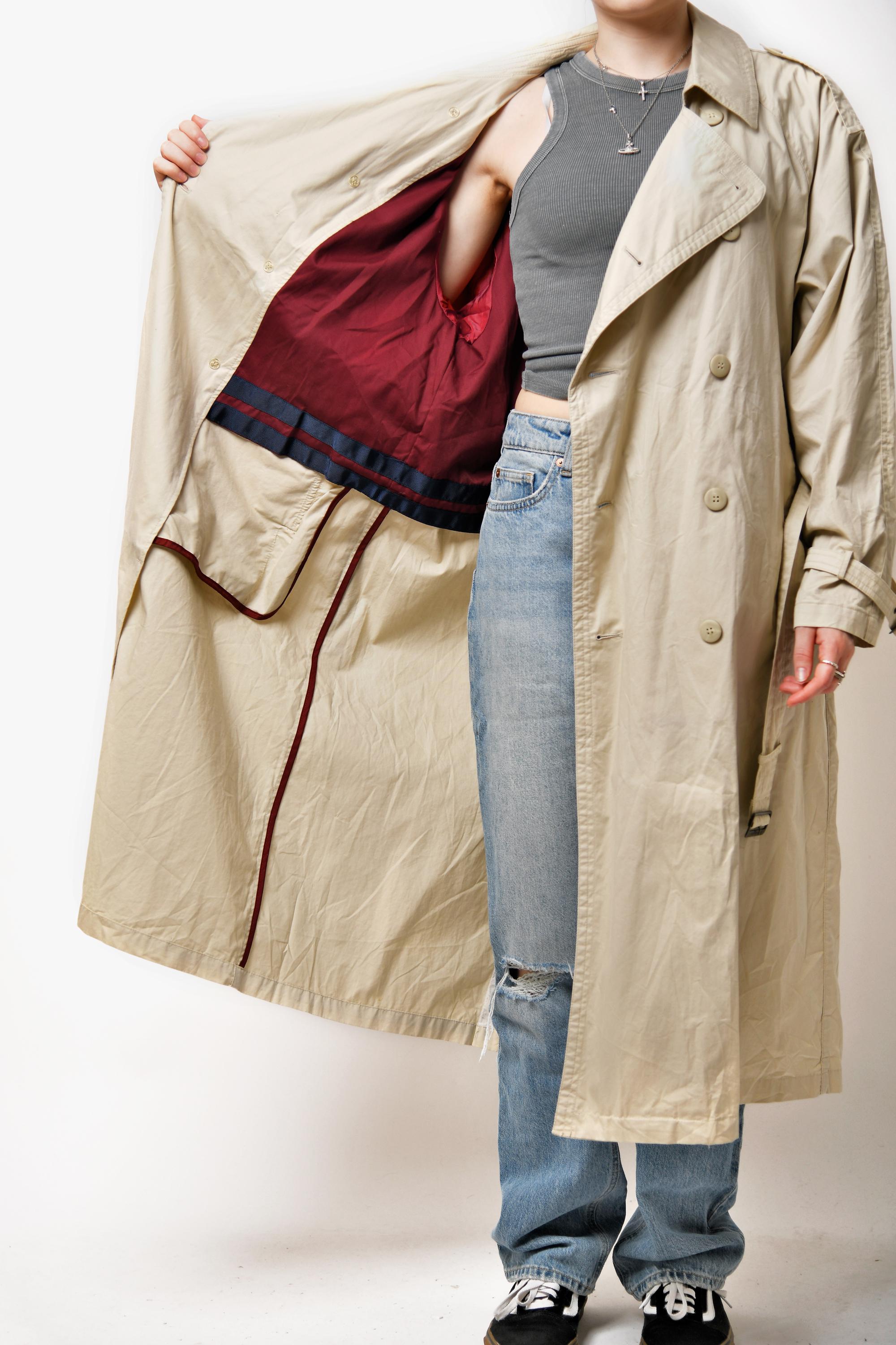 90s Vintage Detective Trench Coat Women's Beige | Light Oversized