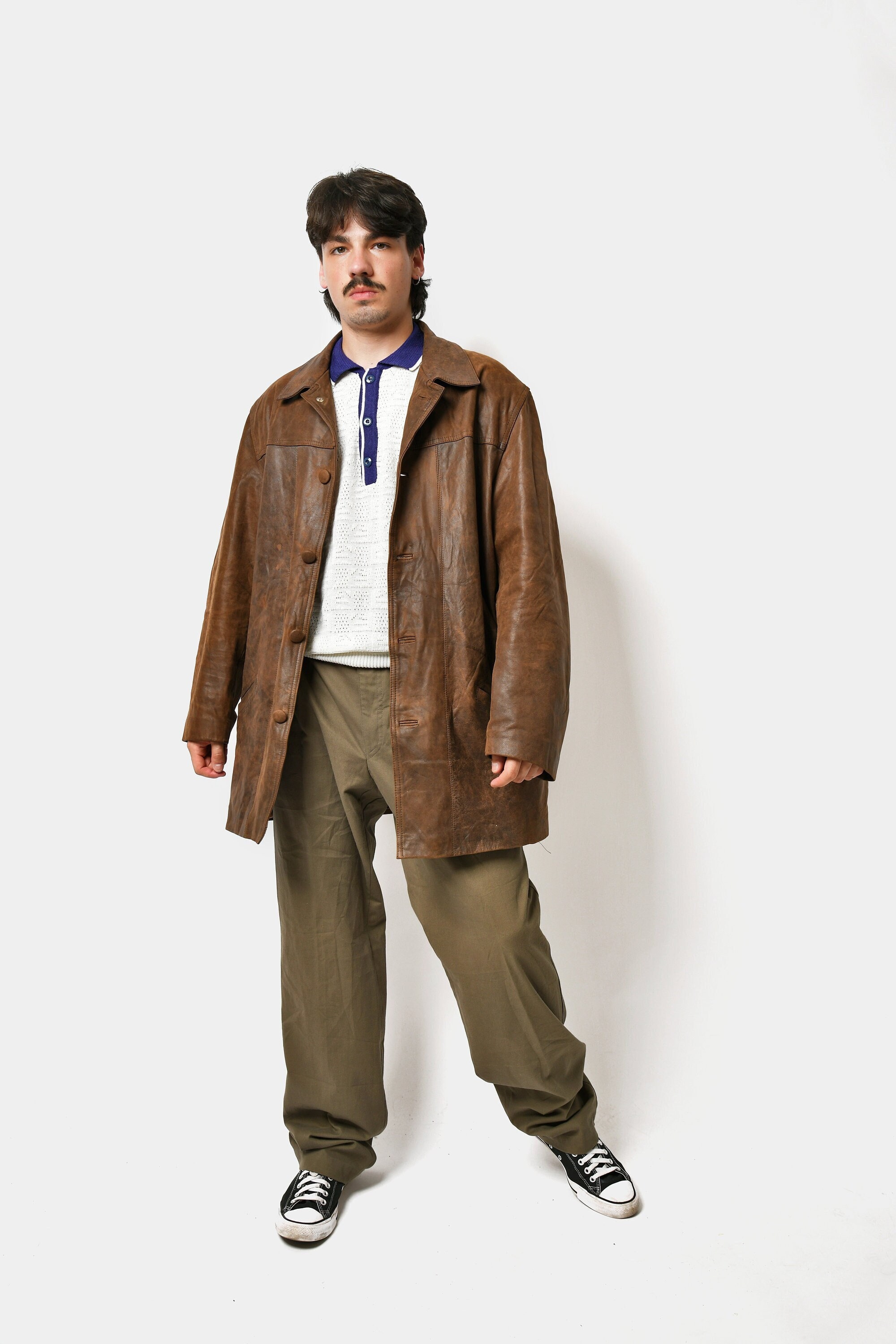 Vintage Genuine Leather Mid Long Coat Brown | Men's Y2K Vintage Genuine Leather Mid Long Coat Brown | Men's Y2K