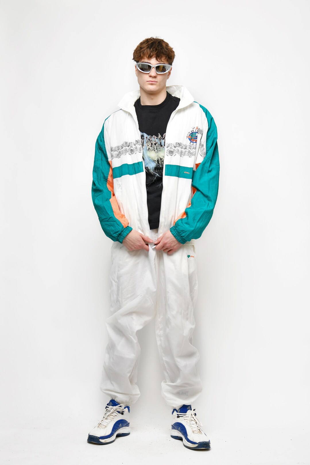 Shell Tracksuit 80s Vintage 80s Tracksuit Set White Multi Coloured | Retro 1980s Nylon ...