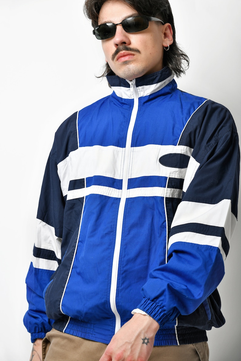 Mens vintage jacket blue white Lightweight windbreaker shell sport jacket 90s Y2K tracksuit top trainer track jacket for men Medium M image 2