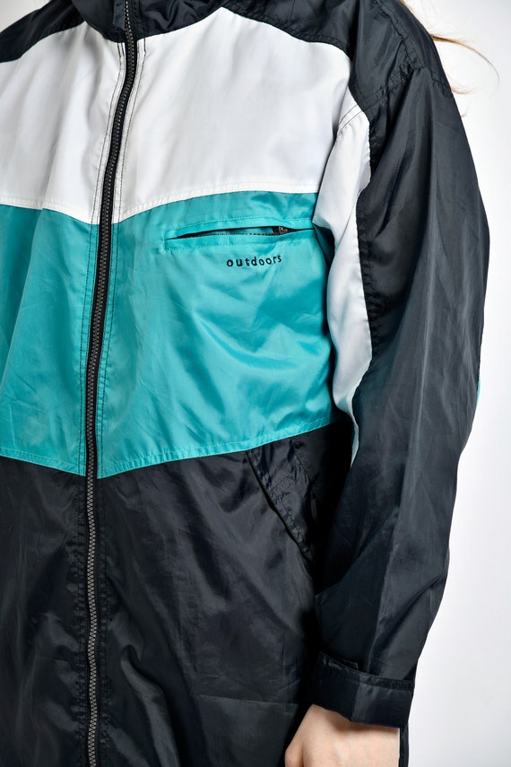 Vintage Lightweight Windbreaker Jacket Men Black Teal | Retro 80s 90s Long Windproof Jacket Parka | Sports Athletic Outerwear Rain Coat | M