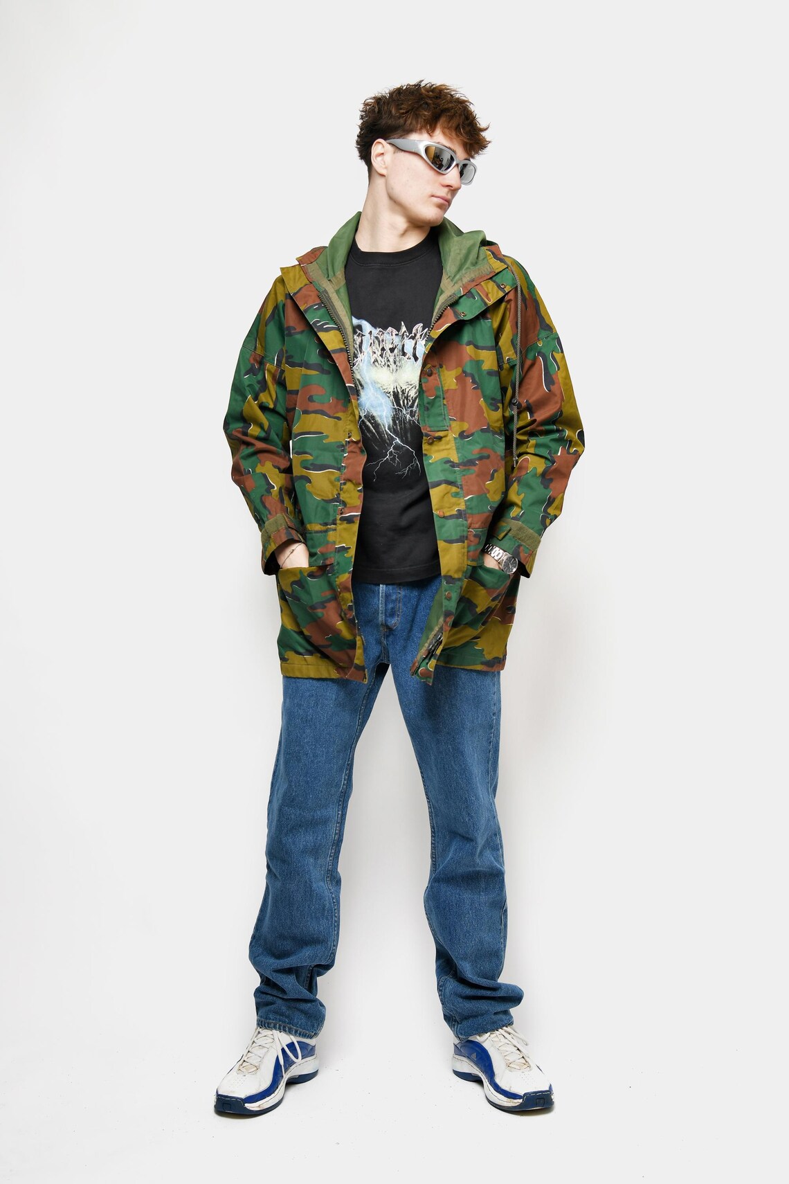 Wind Rave 17 Vintage Hooded Camo Light Rain Coat Green Brown Men's | Retro ...