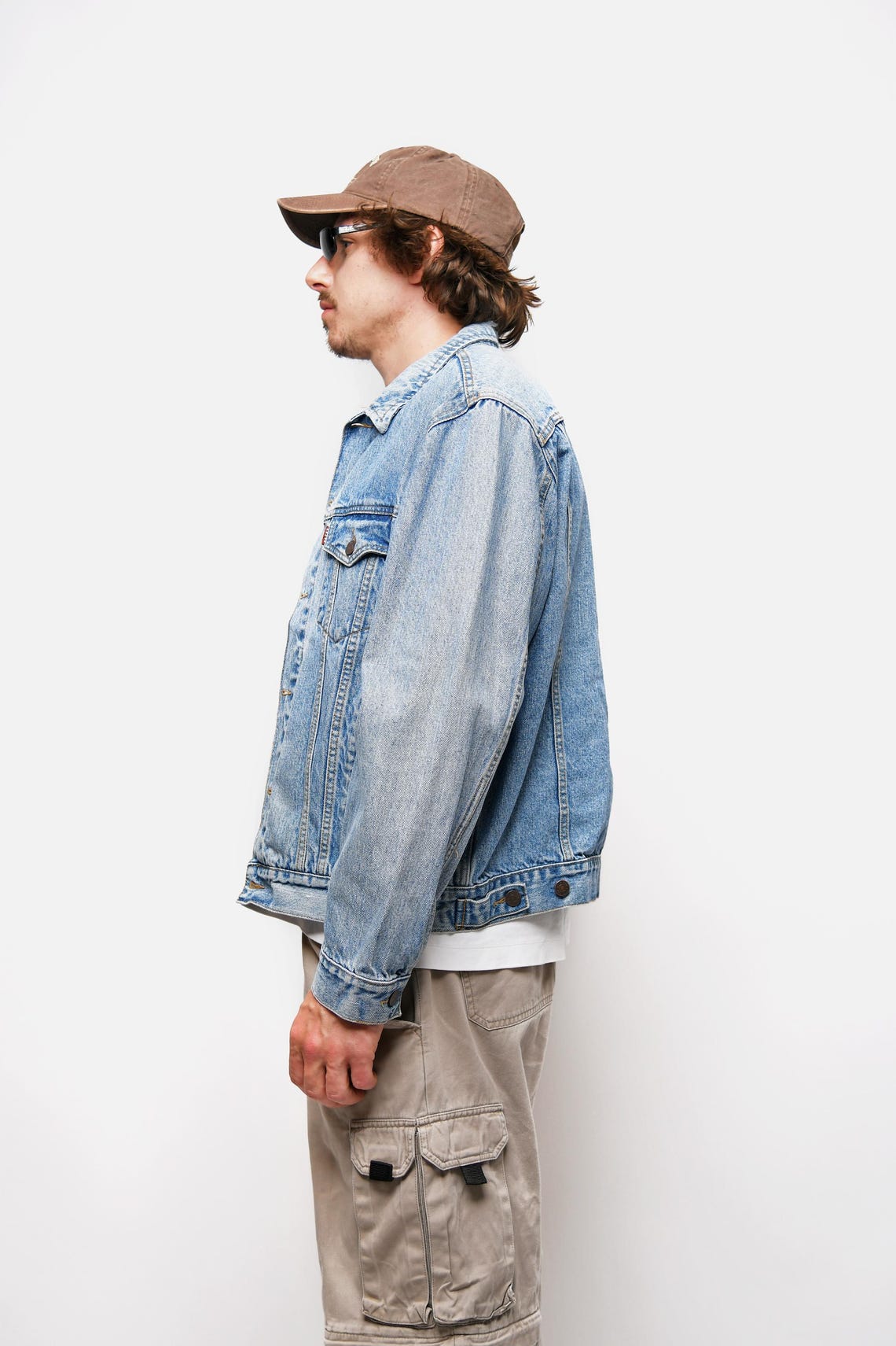 90's denim jacket for men | Old school vintage light blue wash trucker grunge jacket | 80s vintage mens outerwear | Size - Large L, foto 3 di 5