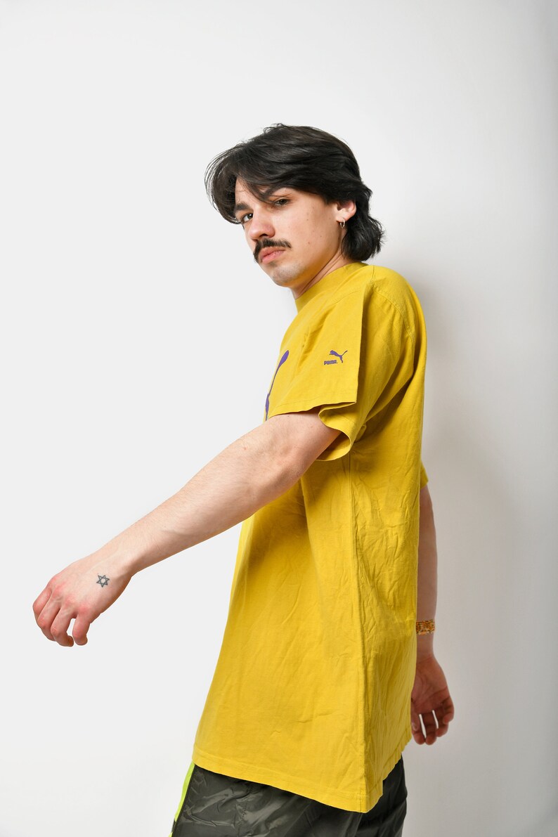 PUMA vintage t-shirt in yellow for men | 90s retro Old School tee | 1990s vintage sports shirt man | Active streetwear men's | XL/XXL size image 4