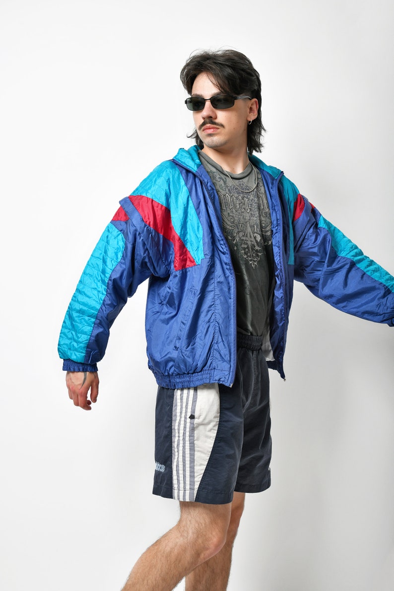 80s retro jacket blue multi colour block Vintage track shell suit top Detachable sleeves nylon sport athletic 90s windbreaker Medium M image 5