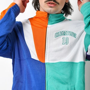 90s style CHAMPION jacket multi colour block men's Full zip up tracksuit top track sport rave bold vibrant jacket Medium M size image 3