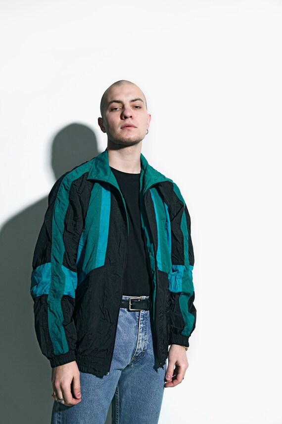 80s Vintage Nylon Jacket Mens Black Green Blue Summ Gem