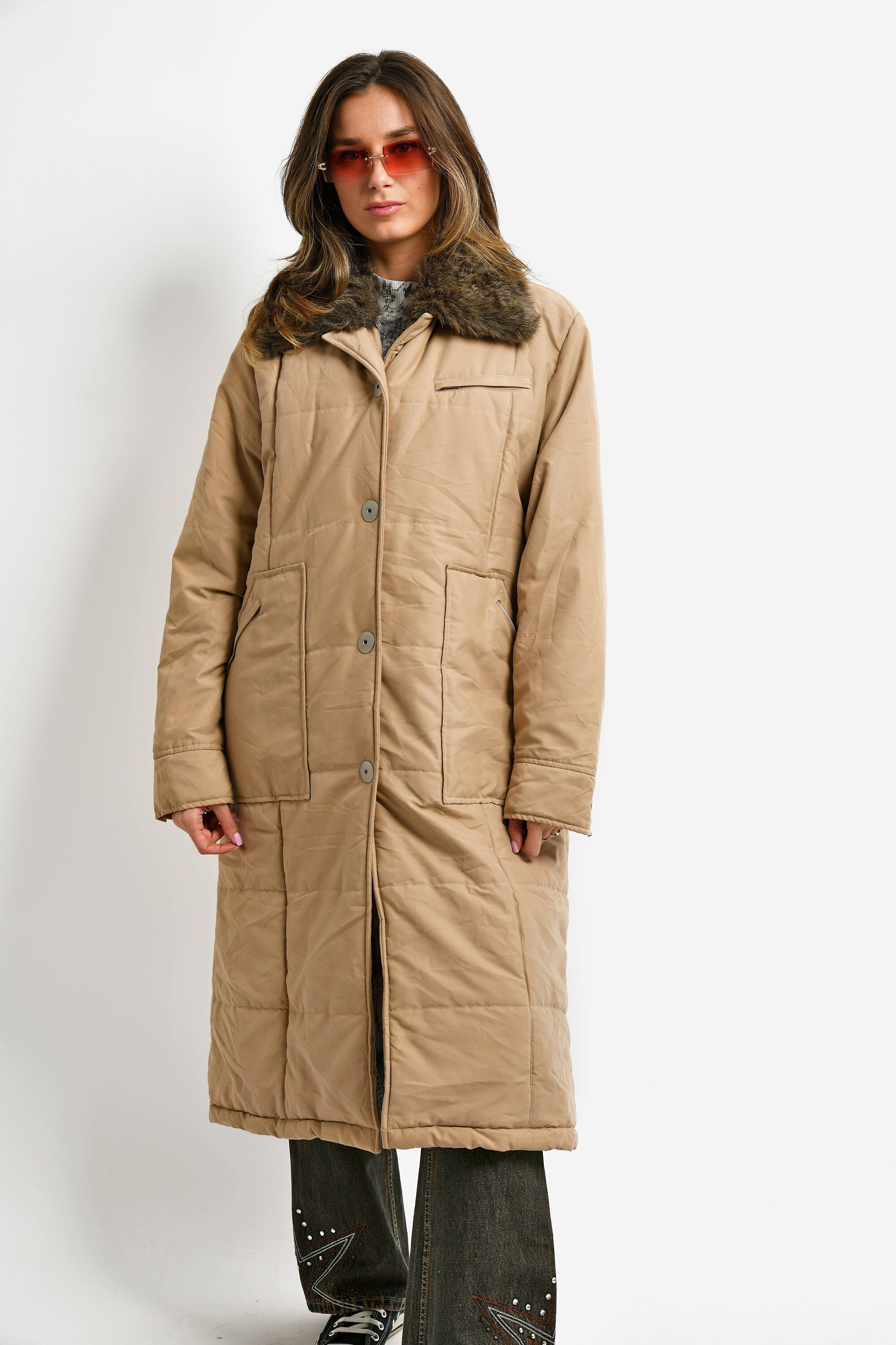80s Domon Vintage Super Long Coat 着丈145 80s Retro Warm Parka Jacket Beige Brown Women's Long Coat