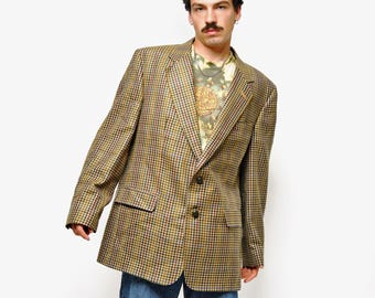 Vintage 80s Blazer Mens Beige Multi Coloured | Preppy Houndstooth