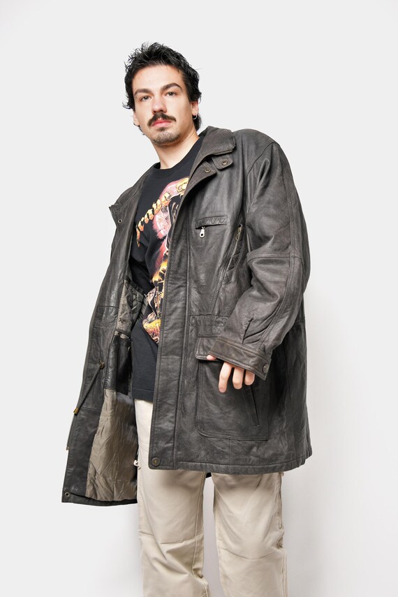 Vintage Real Leather Long Coat Brown | Men's Retro Zip up 90s 80s