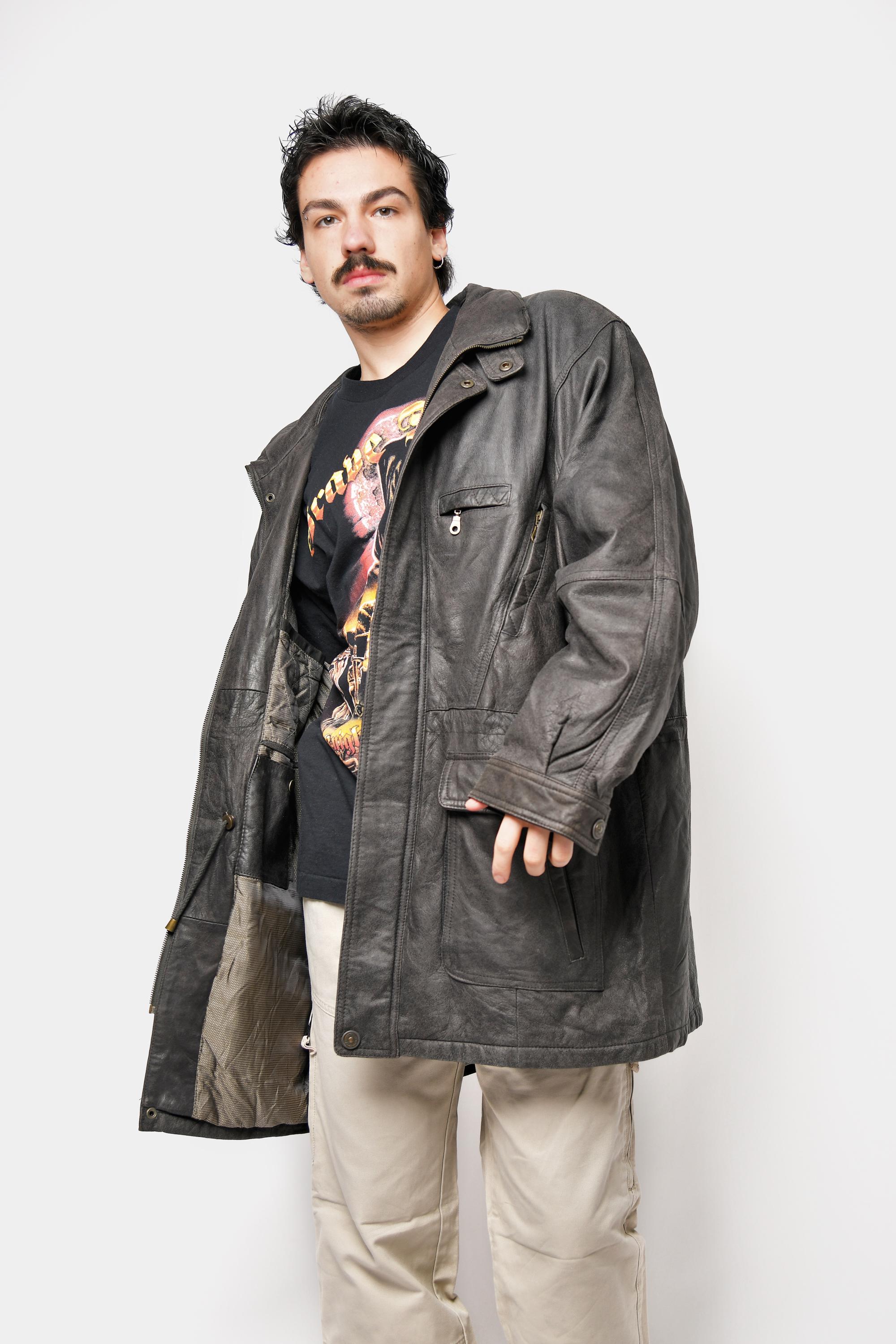 Vintage Real Leather Long Coat Brown | Men's Retro Zip up 90s 80s