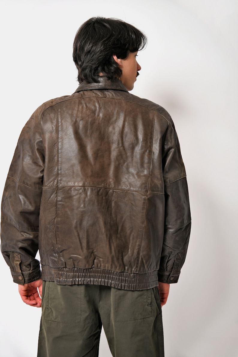 80's leather jacket men's brown 90s retro aviator flight vintage bomber jacket Motorcycle biker style outerwear for men Size Medium M image 5