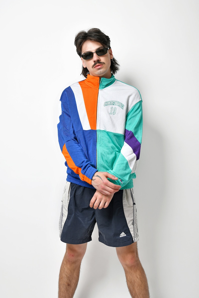 90s style CHAMPION jacket multi colour block men's Full zip up tracksuit top track sport rave bold vibrant jacket Medium M size image 2