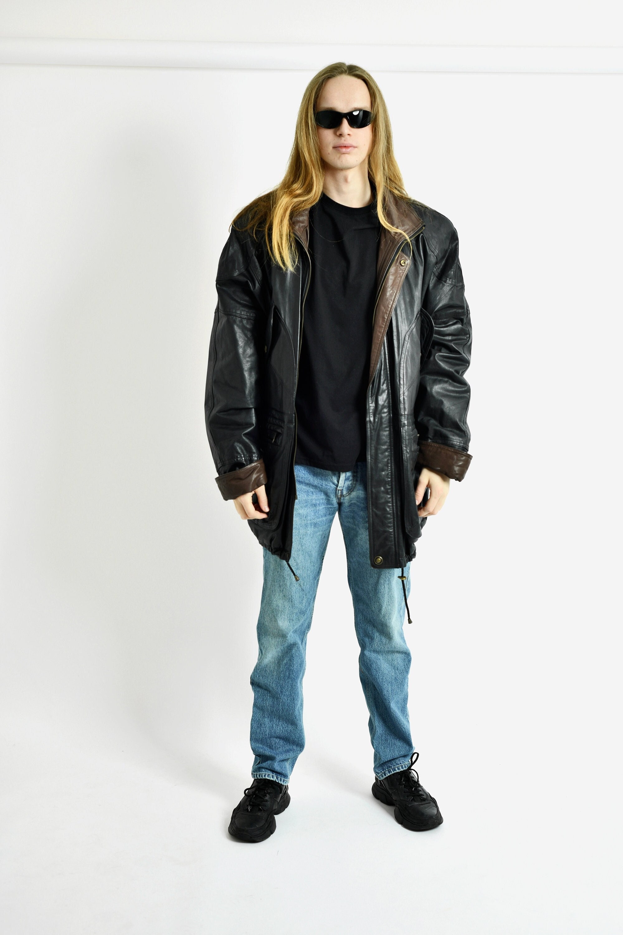 Vintage Real Leather Long Coat Black | Men's Y2K 2000s Vintage Real Leather Long Coat Black | Men's Y2K 2000s