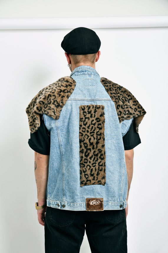 80s vintage denim vest leopard print fur men | Me… - image 4