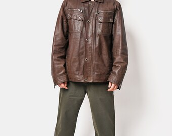 Vintage Brown Leather Jacket 90s Y2K Zip up Collared Bomber