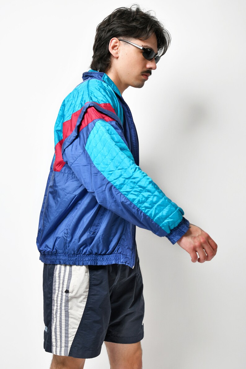 80s retro jacket blue multi colour block Vintage track shell suit top Detachable sleeves nylon sport athletic 90s windbreaker Medium M image 6