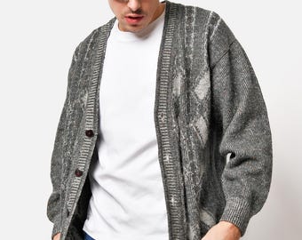 Vintage Grey Argyle Knit Cardigan Sweater | 80s 90s Boho V-neck