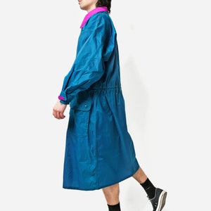 Vintage long lightweight windbreaker coat by Jeantex in blue pink colour 90s 80s retro hooded wind coat Festival rave jacket unisex M/L image 7