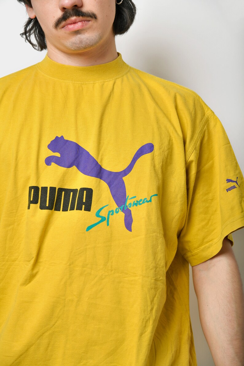 PUMA vintage t-shirt in yellow for men | 90s retro Old School tee | 1990s vintage sports shirt man | Active streetwear men's | XL/XXL size image 3