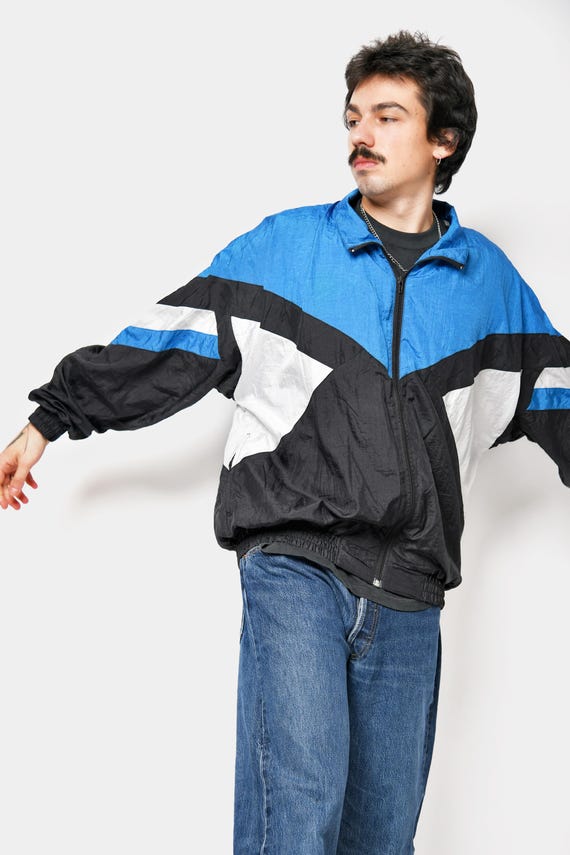 90s Vintage Nylon Jacket Mens Black Blue White Colour Block | Old