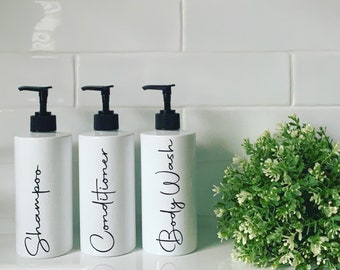 Set of 3 Shampoo,Conditioner,Body Wash Pump Bottles 500ml Refillable Reusable Personalised Bathroom Decor Soap Dispenser White Plastic PET