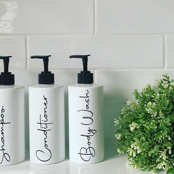 Set of 3 Shampoo,Conditioner,Body Wash Pump Bottles 500ml Refillable Reusable Personalised Bathroom Decor Soap Dispenser White Plastic PET