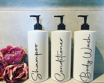 Set of 3 Plastic PET Personalised Shampoo,Conditioner,Body Wash Pump Bottles 1000ml 1 Litre White Refillable Bathroom Decor Soap Dispenser