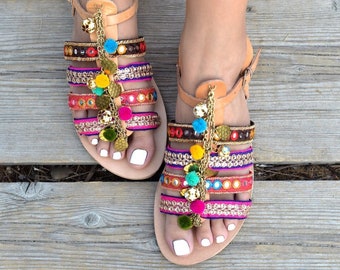 Handmade Greek Leather Sandals: Boho Pom Pom Coin Embellished