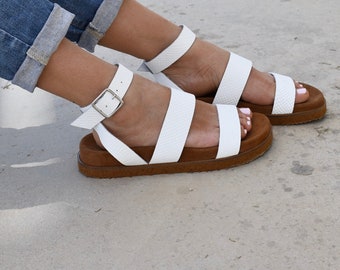 White Leather Ankle Cuff Sandals: Handmade Greek Summer Shoes
