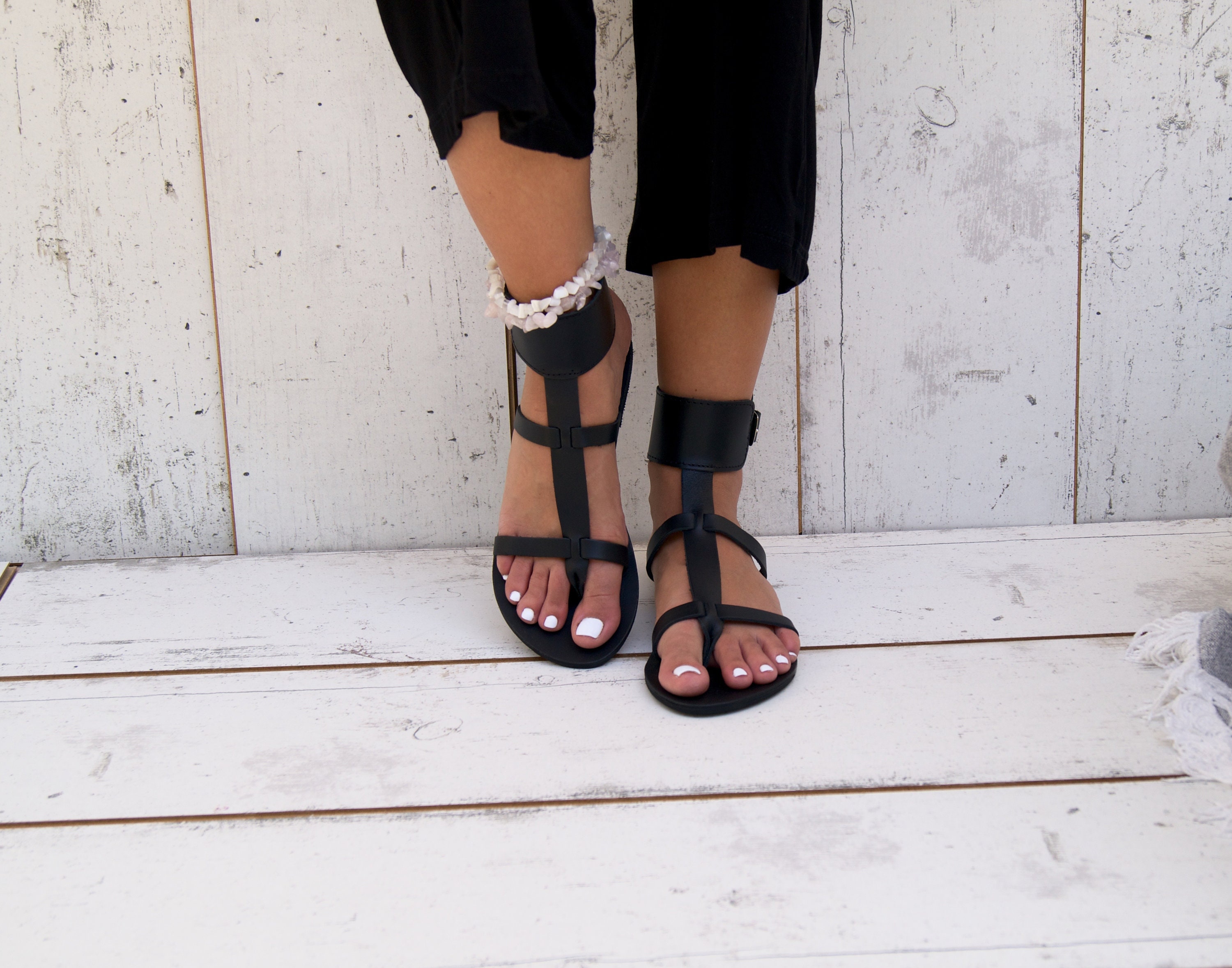 CINTIA BLACK Sandals/ Greek Leather Sandals/ Ankle Cuff | Etsy