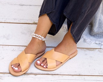 Women's Slide Sandals, Ermioni Leather Sandals. Handmade Greek Sandals, Flat Sandals