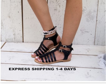 Black Leather Gladiator Sandals: Handmade Greek Strappy Sandals
