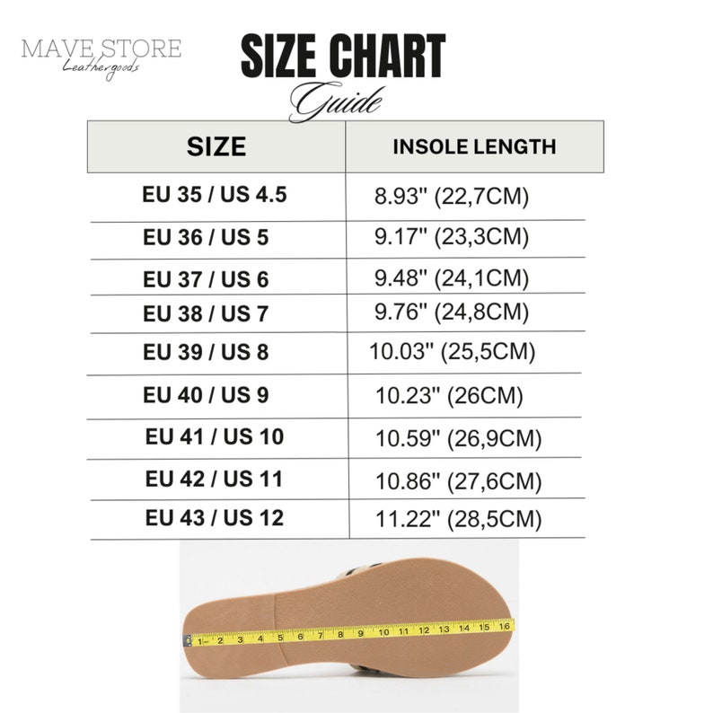 May include: Size chart for shoes with European (EU) and US sizes listed. The chart shows the insole length in inches and centimeters for each size.