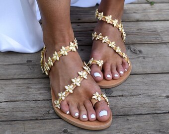 Floral Leather Bridal Sandals: Handmade Beach Wedding Shoes