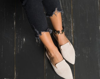 Ice Gray/Beige Leather Mules "Naisabyn"/Greek suede sandals/women suede flats/ Beige suede slippers/Beige shoes/Beige mules./