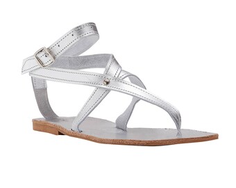 Silver Leather Ankle Cuff Sandals: Handmade Greek Flats