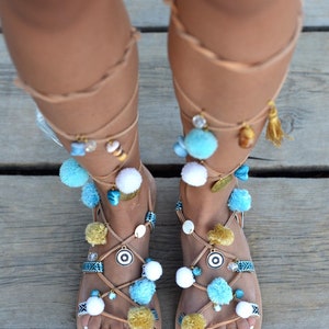Pom Pom Sandals Island/Tie up Gladiator Sandals/Greek Leather Sandals/Lace up Sandals/Boho Shoes image 5