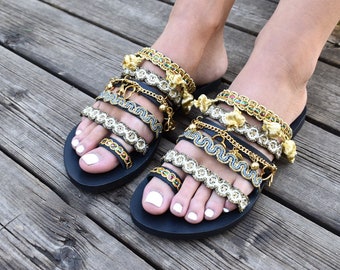 Leather Sandals "Serlida"/Boho Sandals/Handmade Leather Sandals/Ethnic Sandals/Greek Leather Black Gold Sandals