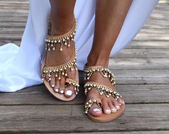 Pearl Sandals/Decorated Bridal Sandals/Wedding Sandals/Leather Sandals/Handmade to Order/Beach Wedding Shoes/Bridal Shoes "DIONE"