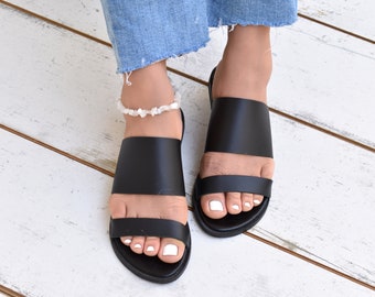 Gabby sandals/Greek leather sandals/Slides sandals/Ancient Greek Leather Sandals/Flat black sandals