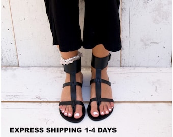 CINTIA BLACK Sandals/ Greek leather sandals/ ankle cuff sandals/ ancient grecian sandals/  roman sandals/ black sandals